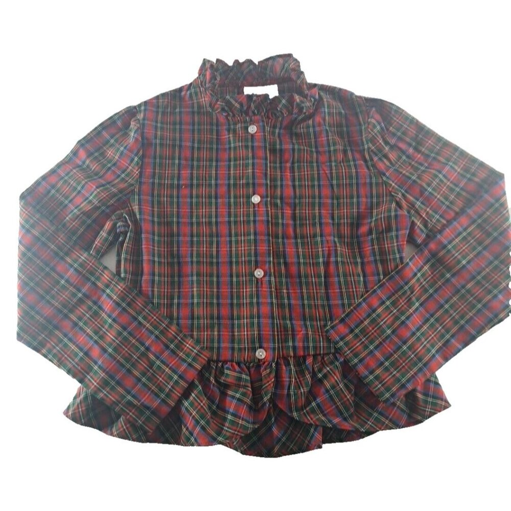 Vintage Girls Top Plaid Ruffled Western Red Green Button Front 1980s Size 10